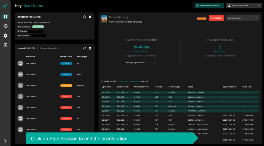 WTFast dashboard showing an active game session, ping optimisation, packet-loss information and network routes
