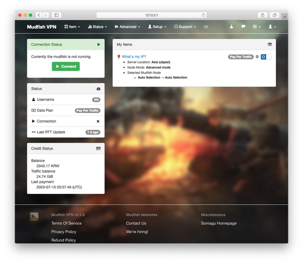 Mudfish dashboard showing connection status, server location, node selection mode and traffic balance