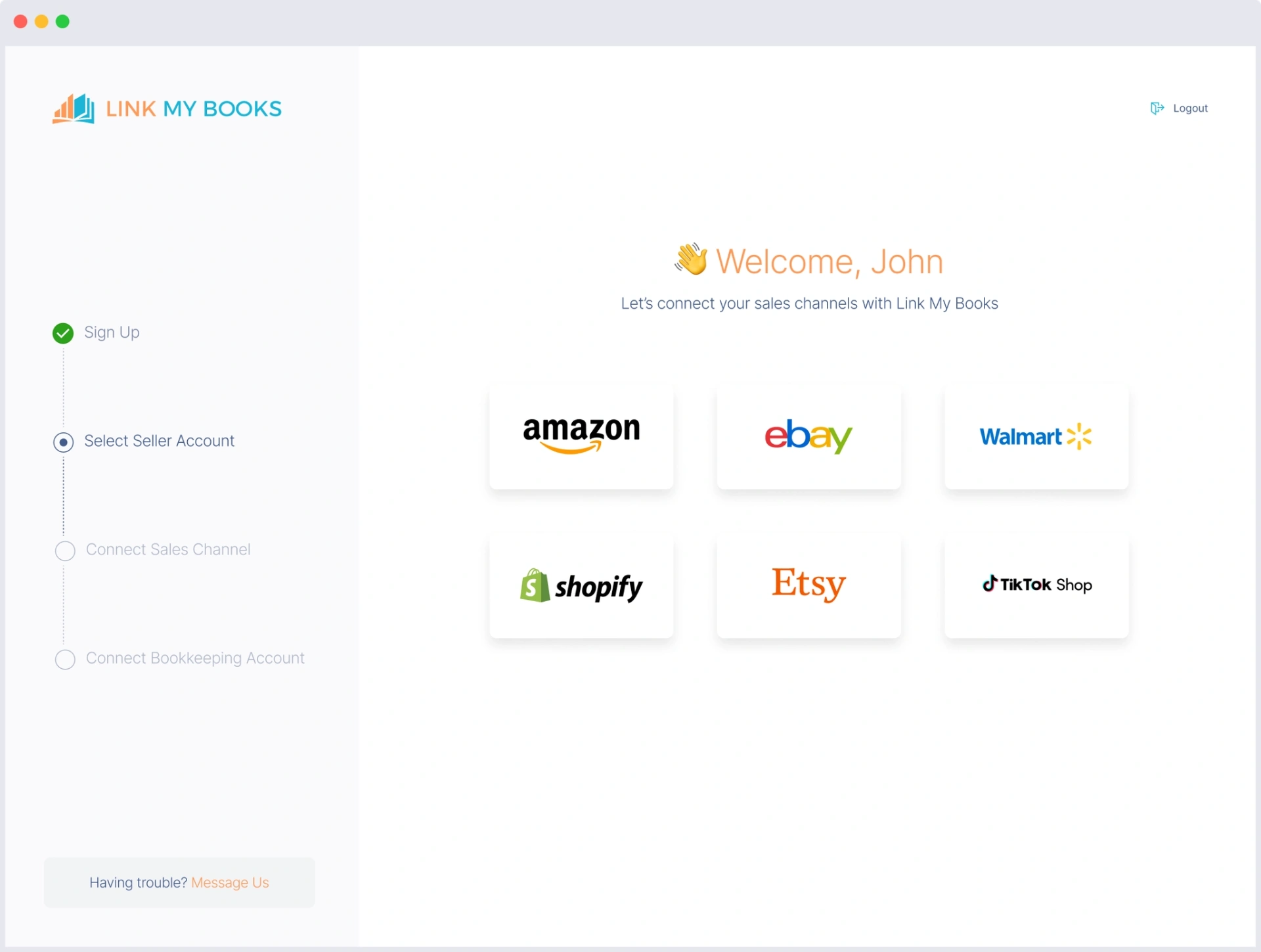 Link My Books onboarding — connect Amazon, Shopify, eBay, Etsy, Walmart and TikTok Shop