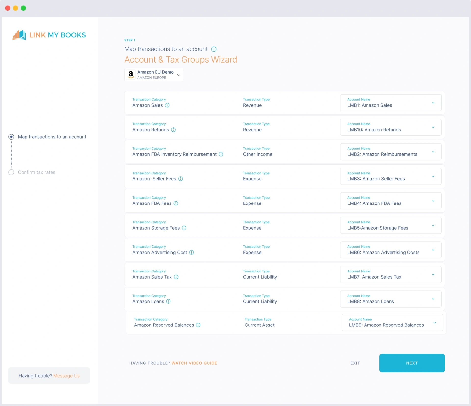 Link My Books Account and Tax Groups setup wizard for Amazon transactions
