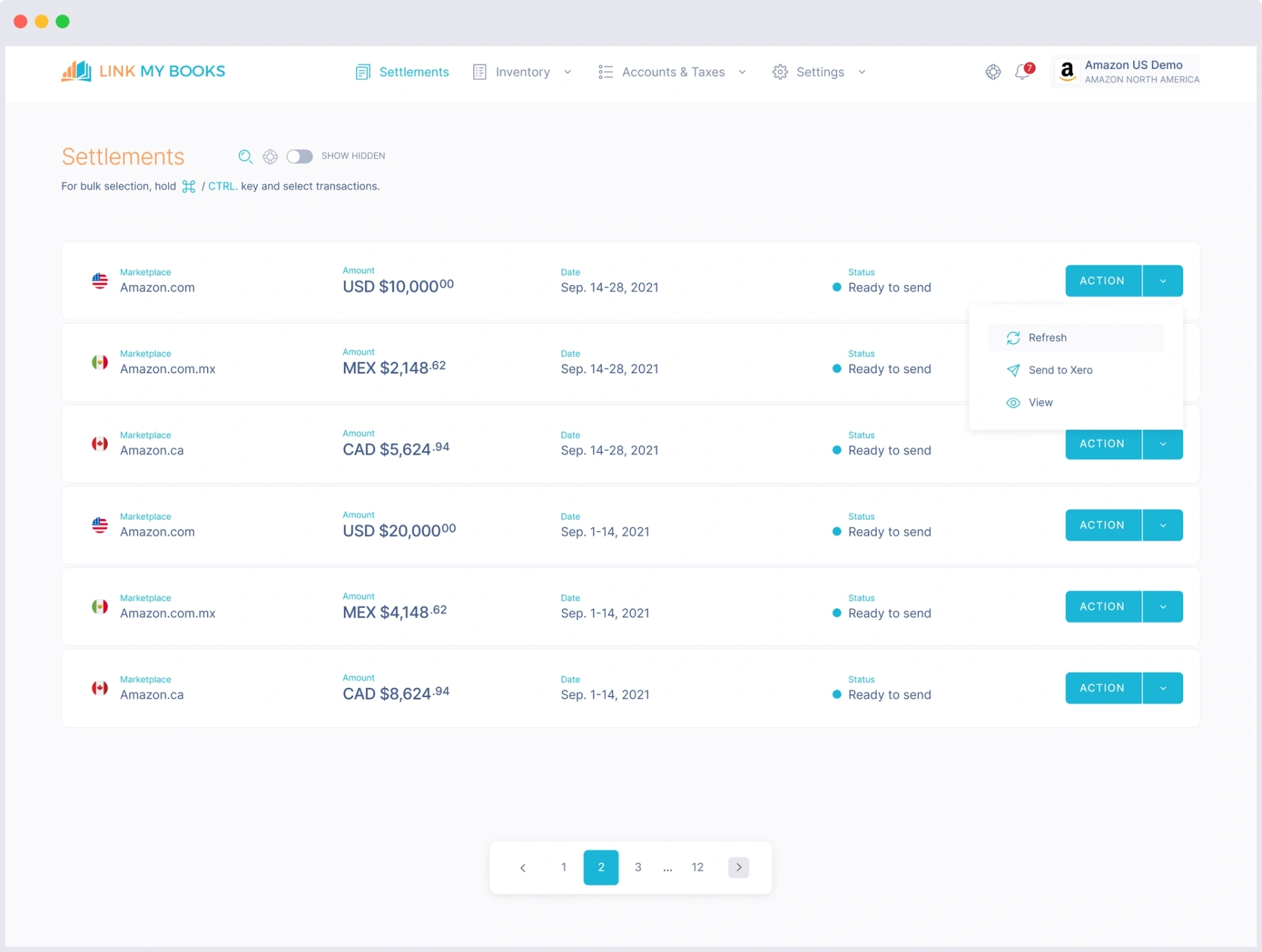 Link My Books settlement detail with Send to Xero action