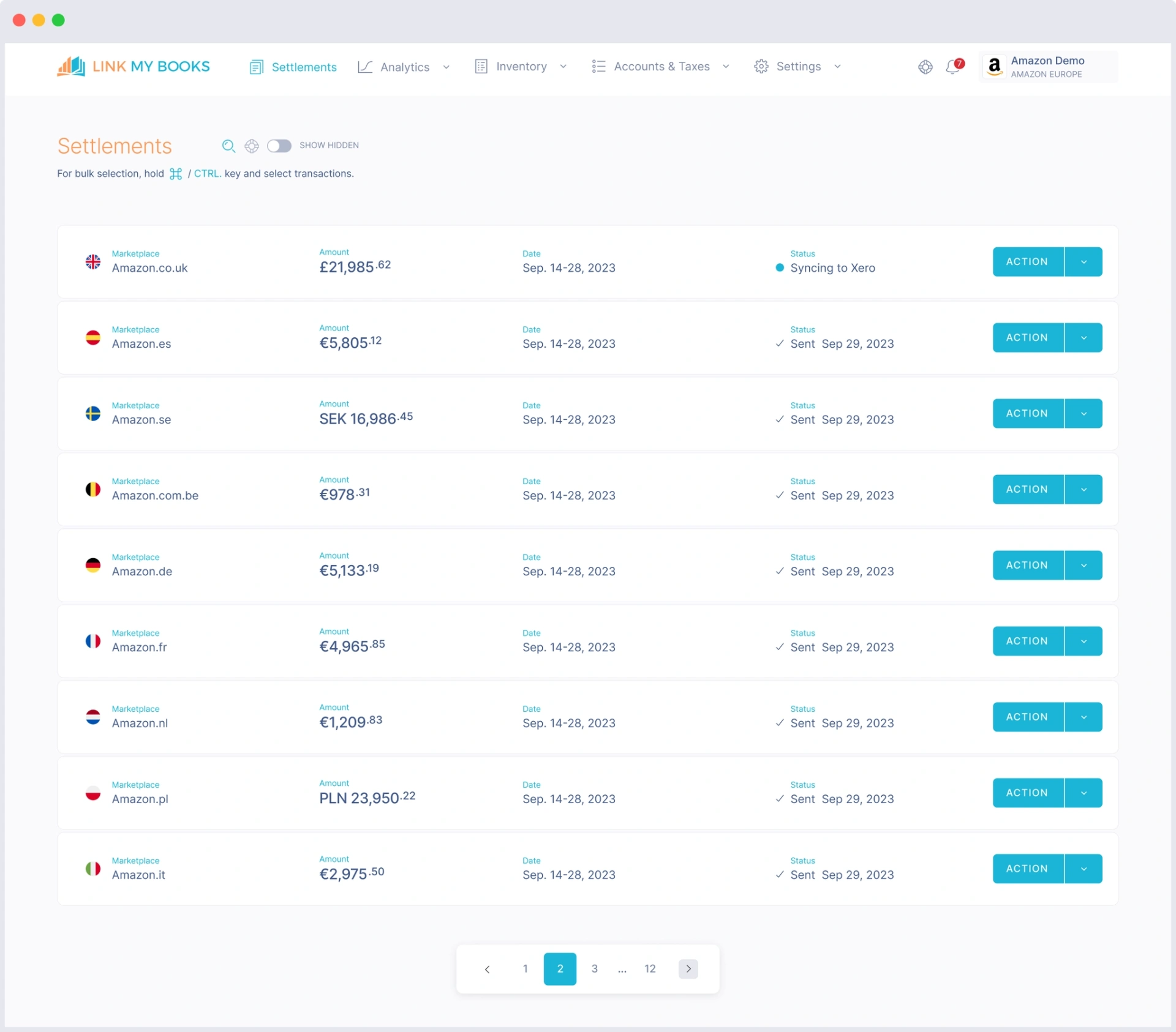 Link My Books settlements dashboard across international Amazon marketplaces
