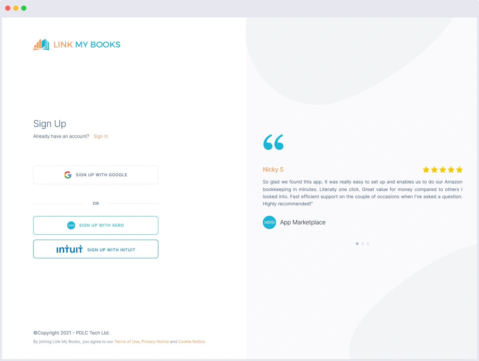 Link My Books signup screen with Google and Xero sign-in options